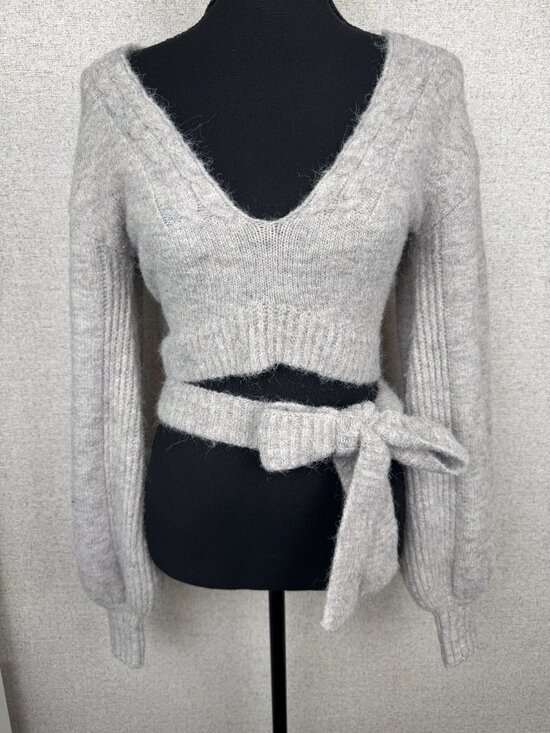 For Love And Lemons Tops - For Love & Lemons Fuzzy Wrap Sweater Crop Top Gray Cutout Tie Waist S